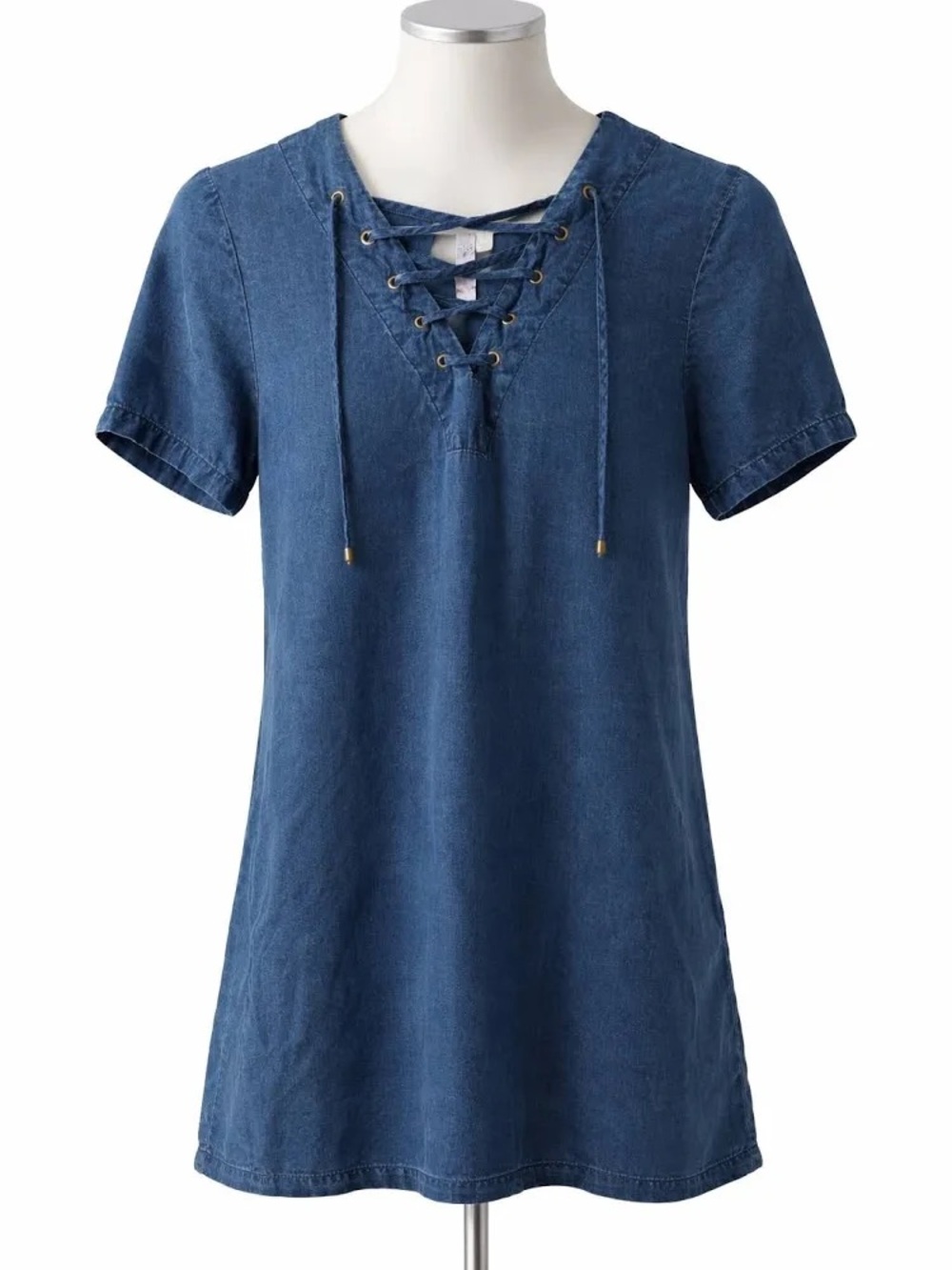 Lace-Up Washed Denim Short Sleeve Top - Blue